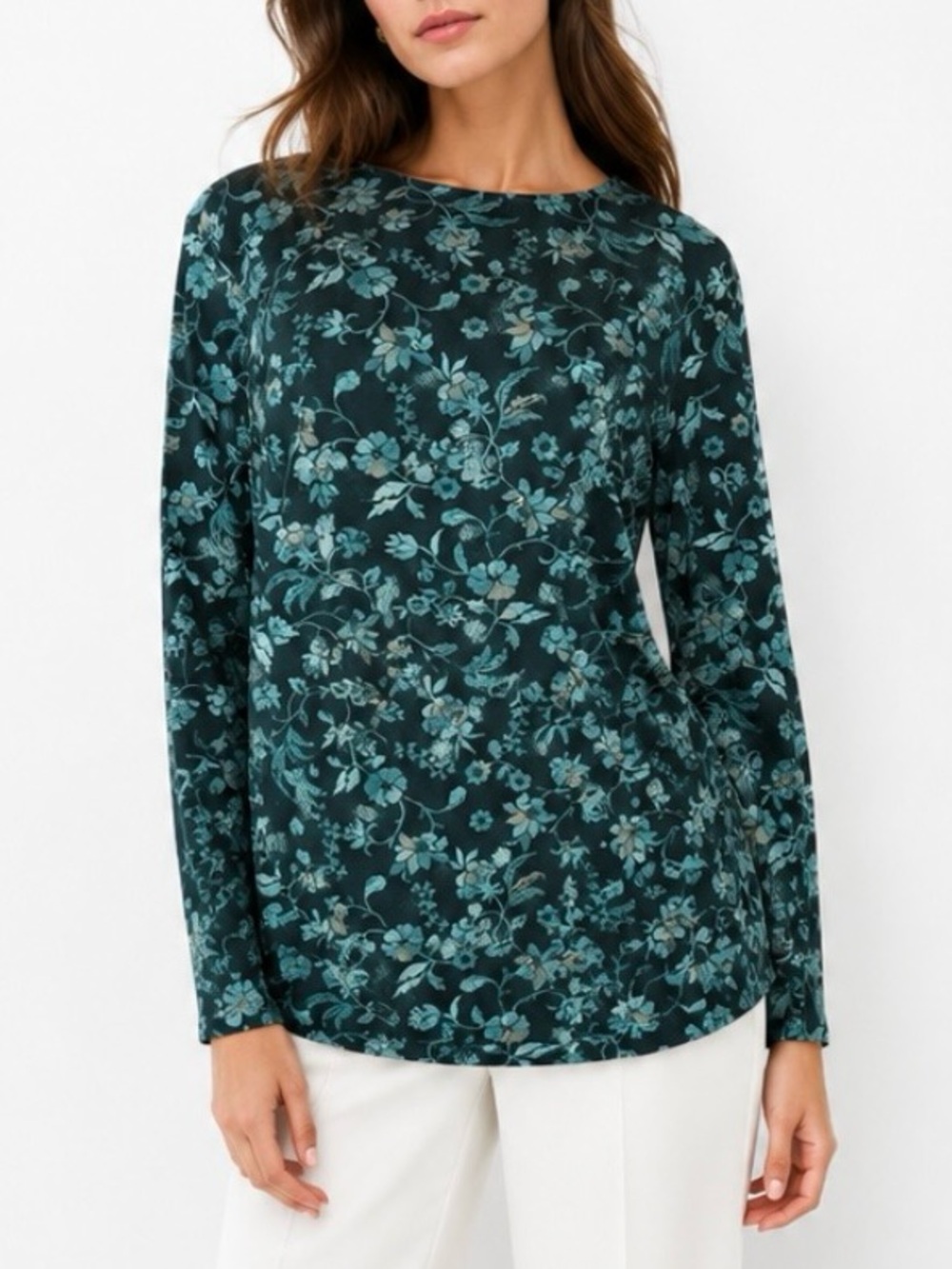 J.JILL Cotton Floral Long-Sleeve Top in Teal Green Size XL